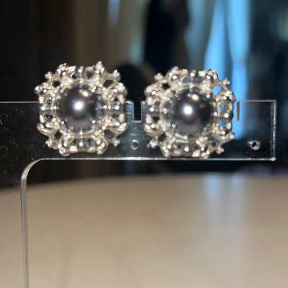 Erwin Pearl clip on earrings Vintage Semi-baroque Tahitian Pearl silver w/ blue - Picture 4 of 7